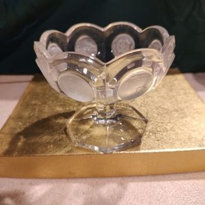 Fostoria clear depression stem pedestal glass compote, decorated frosted 8 coins